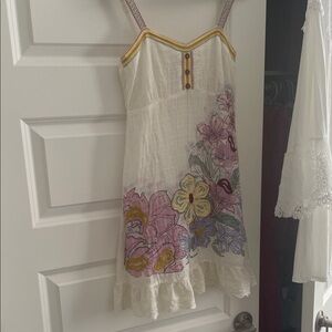 Lulu Mari White Dress eyelet lace ruffle with Pink Floral Detail